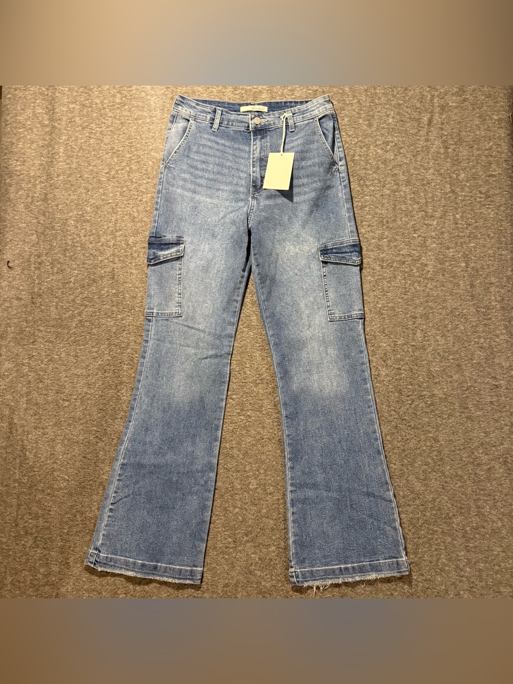 KanCan Aspen Cargo Wide Flare Jeans Womens 9/28 (inseam 32) blue High Rise NWT